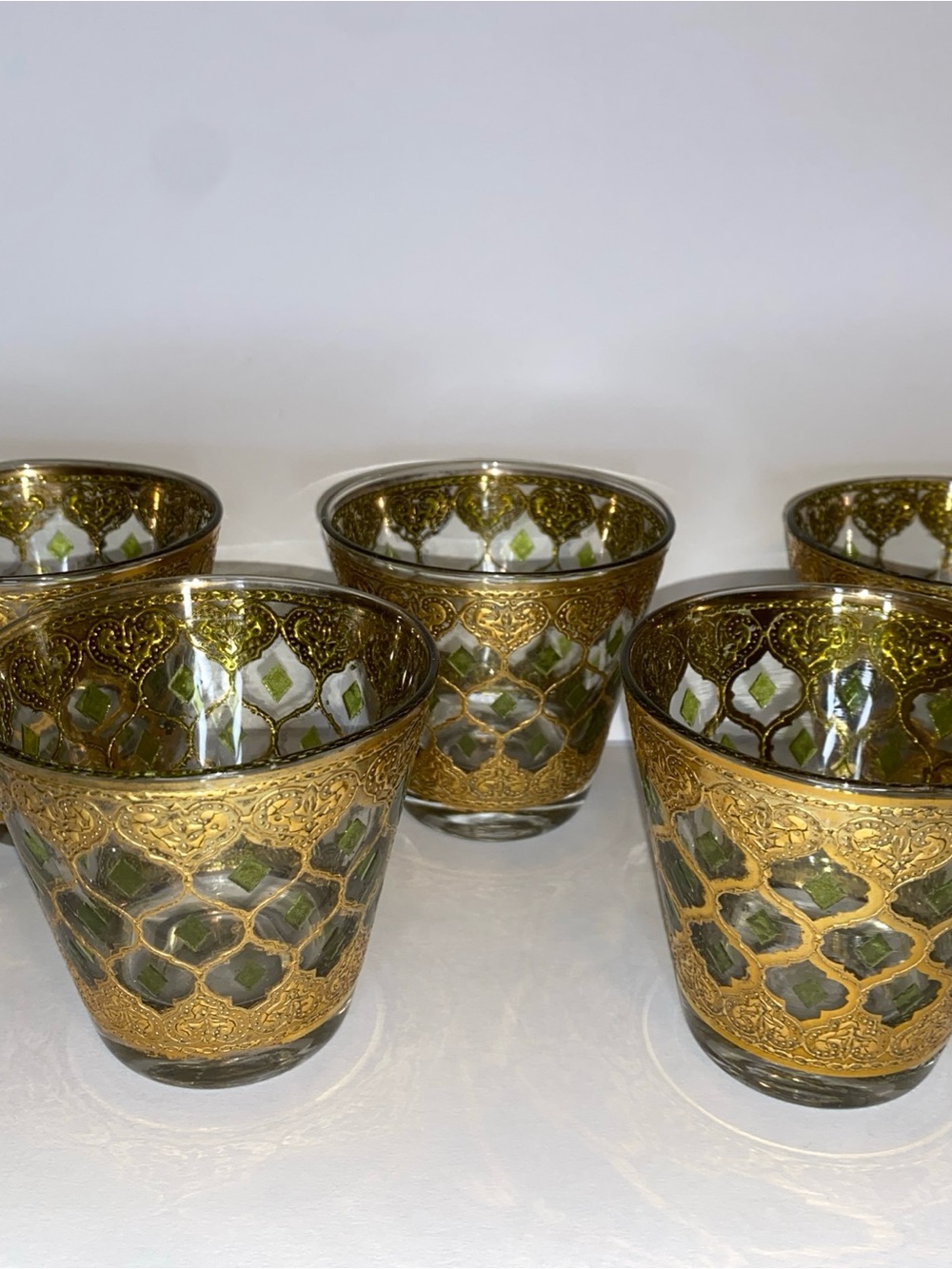 5 Vintage Culver Valencia MCM 22K Gold Green Diamond Whiskey Rocks Glasses